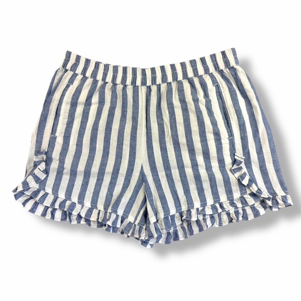 beachlunchlounge Striped Ruffle Hem Linen Shorts in Blue & White Size Large EUC - Picture 2 of 12